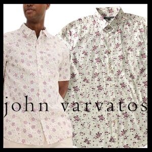 John Varvatos Off White/Wine Floral Cotton Short Sleeve Button Up Shirt (M)